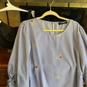 Striped Blue Blouse with Floral Embroidery